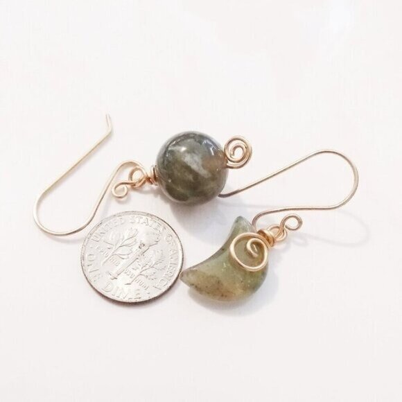 Asymmetrical India Agate Moon Earrings! Wire Wrapped! Feminine! Alluring & Sexy! - Picture 6 of 11